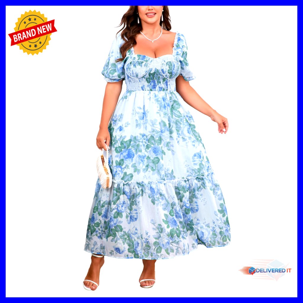 Plus Size Maxi Dress With Puff Sleeves Smocked Corset Formal Casual Wear